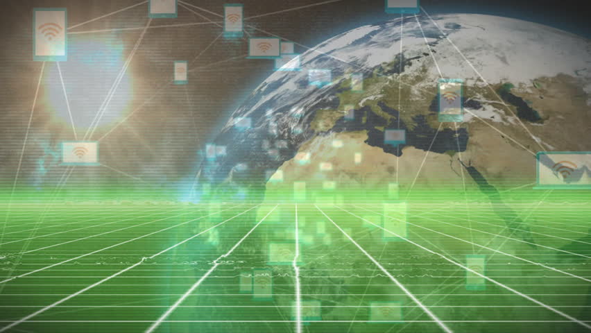 first frame starting grid spanning edge rising blocks screens linking forming network around Earth. Cyberspace, connectivity, digital, futuristic, technological, network, data