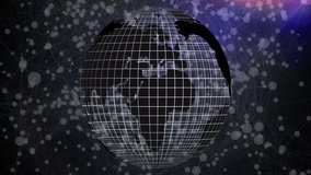 Via glowing nodes wireframe globe emerging, rotating, revealing continents with violet network arc. Futuristic, digital, abstract, technology, connectivity, innovation, visualization - Powered by Shutterstock - Get 15% off with code: PIKWIZARD15