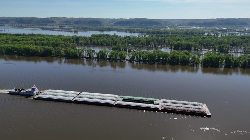 Located along the Mississippi River between Minnesota and Wisconsin's Driftless area, a towboat move a set of barges south.