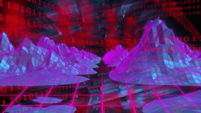 Camera moving forward at start, exploring neon wireframe valley with shiny grid and scrolling code. Futuristic, digital, abstract, technological, immersive, cinematic, sci-fi - Powered by Shutterstock - Get 15% off with code: PIKWIZARD15