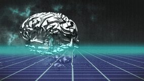 At start metallic brain model rotating with falling binary digits over grid demonstrating data flow. Futuristic, technology, cybernetics, digital, abstract, innovation, virtual - Powered by Shutterstock - Get 15% off with code: PIKWIZARD15