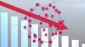 Bars animating in grid, nodes fading and linking, arrow slicing down and pulsing, showing decline. Data visualization, analytics, digital interface, modern design, data science, trend analysis, - Powered by Shutterstock - Get 15% off with code: PIKWIZARD15