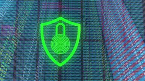 Fingerprint padlock in shield showing red glow pulsing green on moving code showing security shift. Cybersecurity, data protection, digital security, encryption, firewall, high tech, cybersecurity - Powered by Shutterstock - Get 15% off with code: PIKWIZARD15