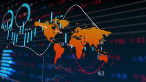 Opening dashboard fading orange map labeling, tracing lines, pulsing highlight and updating metrics. Finance, data visualization, analytics, technology, global, digital, dashboard - Powered by Shutterstock - Get 15% off with code: PIKWIZARD15