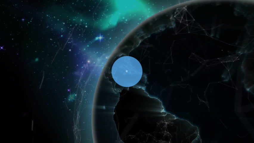 Libra icon hovering over west initiating device icons growing across Earth visualizing connectivity. Technology, connectivity, cyberspace, network, digital, innovation, data