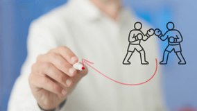 Professional businessman strategizing boxing match outcome, sketching fighting boxers and trajectory arrow on transparent planning board in corporate office setting - Powered by Shutterstock - Get 15% off with code: PIKWIZARD15