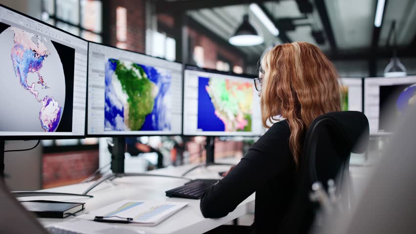 Woman Researching Climate Science On Computer Screen And Doing Weather Forecast.