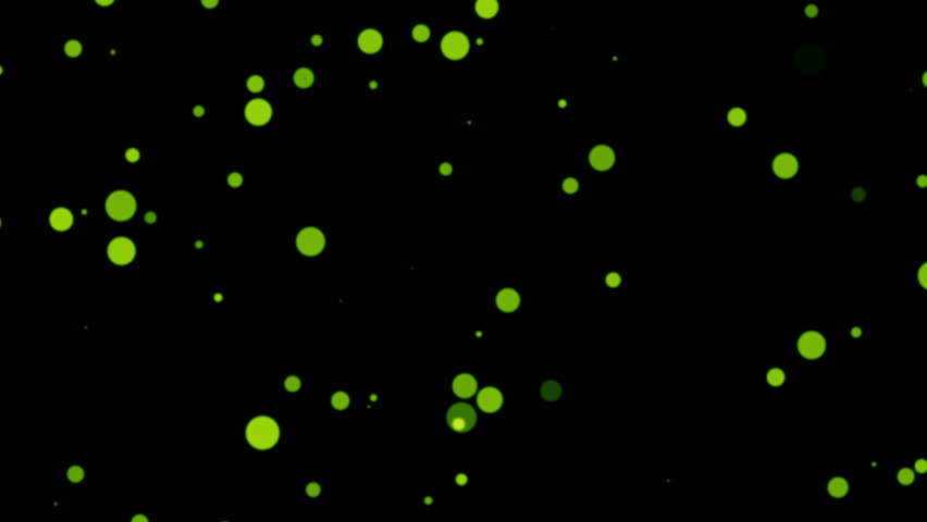 Animation loop green bokeh particles flow on black abstract background. Animation of fiery green glowing flying ember burning ash particles.