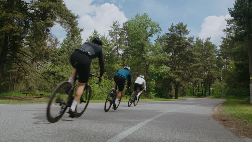 Trained cyclists ride professional bicycles along rural asphalt road rear view. Athlete group on fast bikes prepares for competition at forest countryside