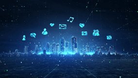 Big city with internet connections with symbols. Modern digital Smart city Cityscape skyline. The concept of Internet network and Big Data. The flow of digital information from skyscrapers. - Powered by Shutterstock - Get 15% off with code: PIKWIZARD15