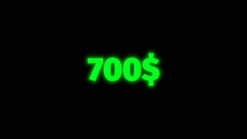 Animated money counter increasing dollar amounts from 0 to 700 with neon glowing text on transparent background. Perfect for finance, gaming, streaming, and promo videos