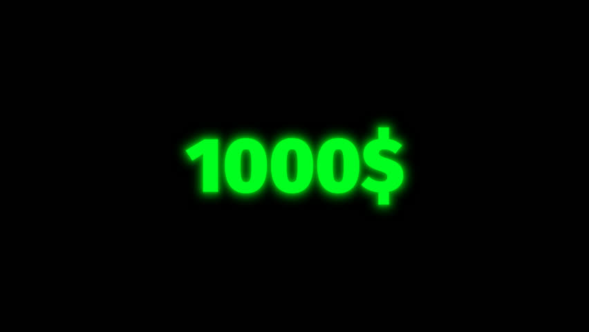 Animated money counter increasing dollar amounts from 0 to 1000 with neon glowing text on transparent background. Perfect for finance, gaming, streaming, and promo videos