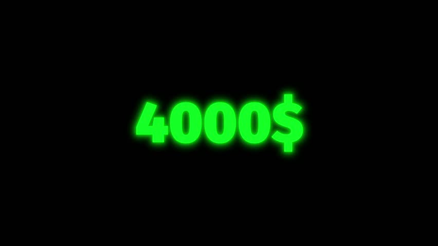 Animated money counter increasing dollar amounts from 0 to 4000 with neon glowing text on transparent background. Perfect for finance, gaming, streaming, and promo videos