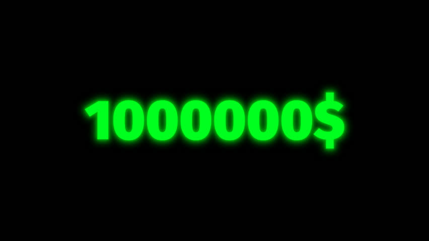 Animated money counter increasing dollar amounts from 0 to 1000000 with neon glowing text on transparent background. Perfect for finance, gaming, streaming, and promo videos