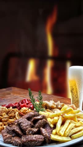 Snacks with meat, sausage, French fries, crackling and beer