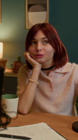 Vertical shot of Caucasian teen girl telling story with smile and laugh while sitting at wooden table during podcast in studio