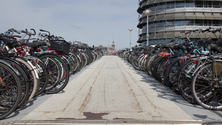 Bikes At The Bike Parking Space In Amsterdam, Netherlands - Wide Shot