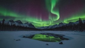 Stunning winter night view with green and purple Aurora Borealis dancing in the starry sky above snowy mountains and pine forests - Powered by Shutterstock - Get 15% off with code: PIKWIZARD15