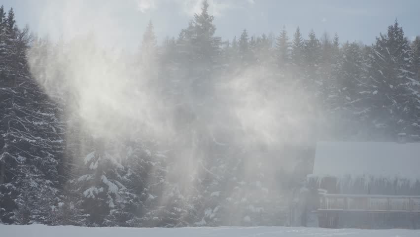 Snow clouds whirl above the pine forest and the rustic cabin covered with snow and icicles. The scene is backlit by the lo,w pale sun