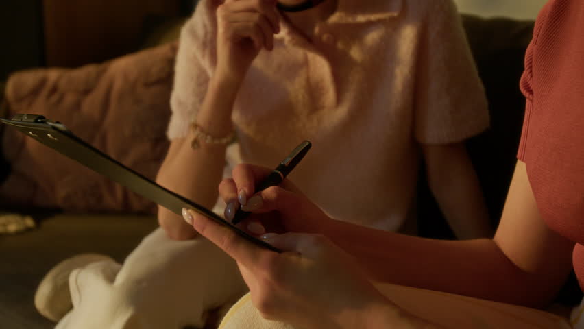 Closeup of unrecognizable teens hands holding clipboard with unfinished script and pen while taking notes, her friend helping her