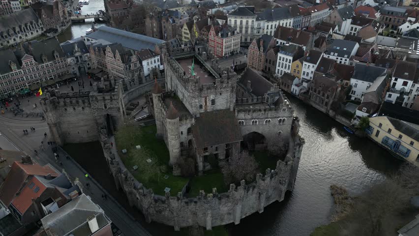 Aerial shot around the Castle of the Counts (Gravensteen) in Ghent, Belgium
