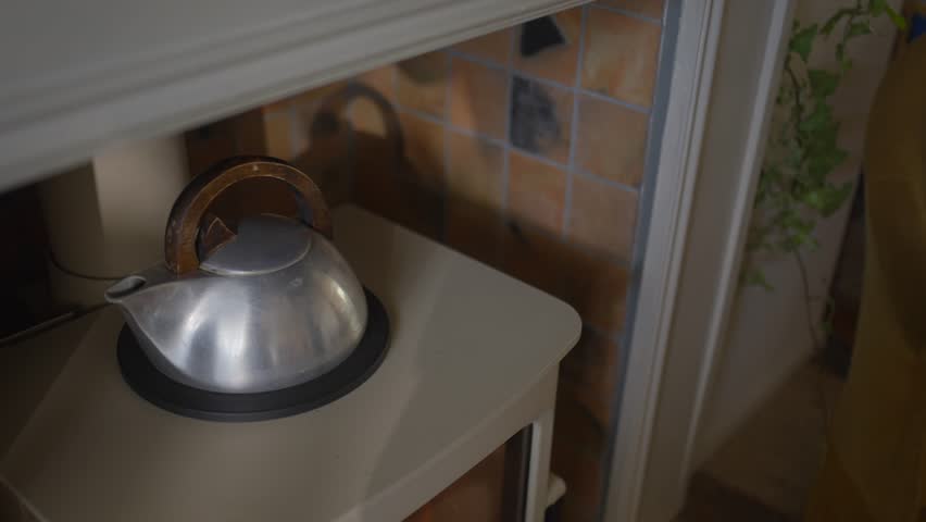 A silver tea kettle sits on a wooden base. The kettle is on a stove top and is surrounded by a wooden base