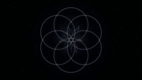 Video animation of moving white circles forming the Flower of Life. Lotus Sacred geometry in the moving black galaxy, starry background. Model for TV show, intro, movie, universe cosmic space banner - Powered by Shutterstock - Get 15% off with code: PIKWIZARD15