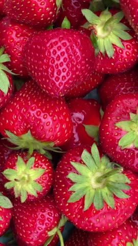 Red organic  strawberries rotated clockwise, top view, vertical video