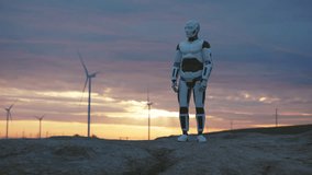 Future is Now. Automated Cyborg Humanoid Robot Walking in Empty Desert Landscape. Futuristic Environment with Eco Wind Station Background. AI Concept. - Powered by Shutterstock - Get 15% off with code: PIKWIZARD15