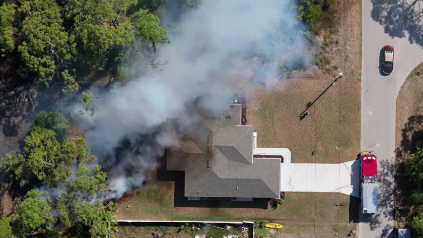 Smoke rises from a vegetation fire near suburban homes in Florida, as firefighters deploy hoses and fire trucks block the burning area