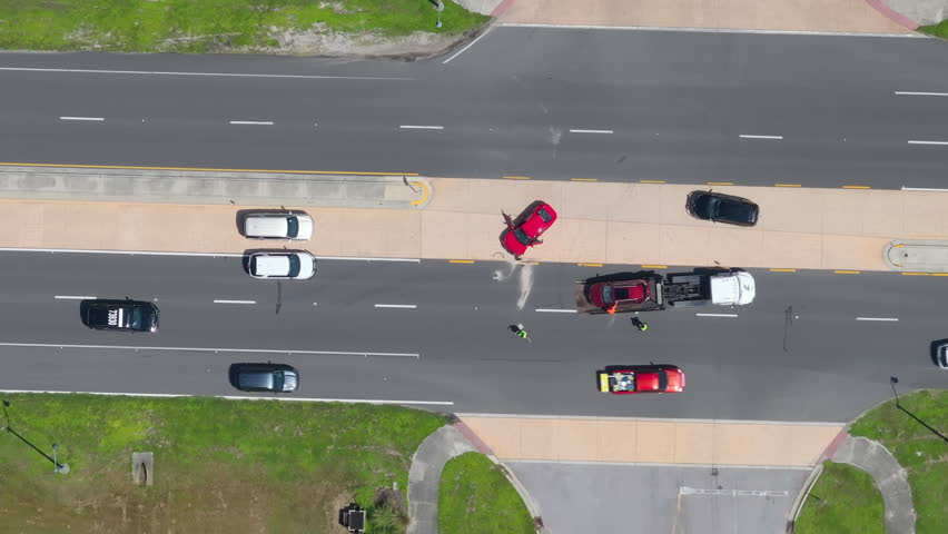 Traffic crash with tow truck loading damaged car on USA city street.