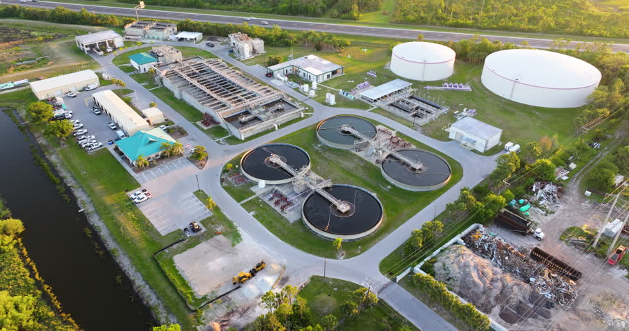 Water treatment facility with multiple tanks and filtration units. Vital infrastructure for sustainable water management and distribution.
