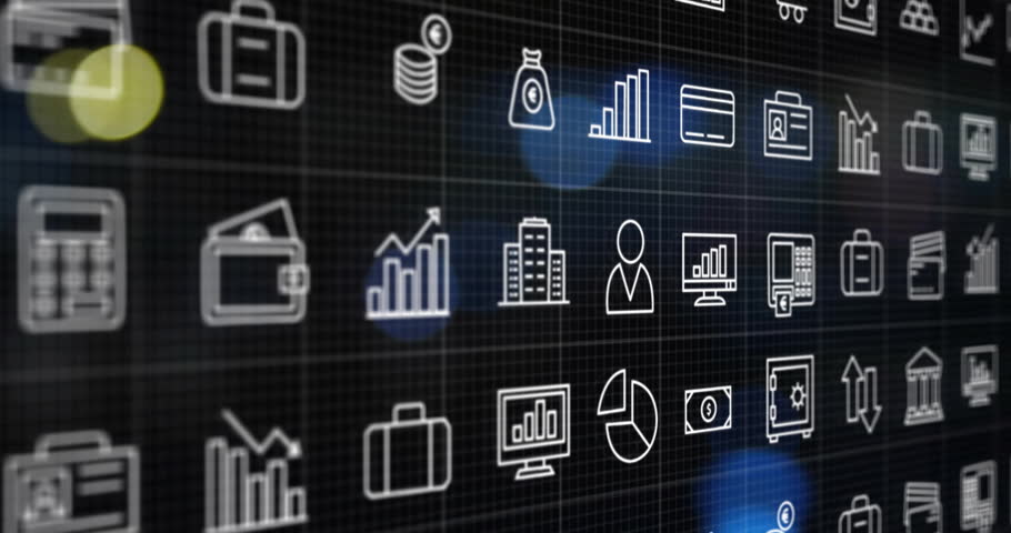 Starting financial icons scrolling left shifting while bokeh circles drifting presenting icon grid. Finance, technology, digital, investment, data, analytics, corporate