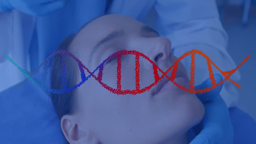 Clinician bringing syringe into view injecting gene therapy while animated helix drifts across face. Medical, innovation, biotechnology, health, science, precision, modern - Powered by Shutterstock - Get 15% off with code: PIKWIZARD15