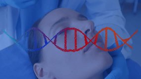 Clinician bringing syringe into view injecting gene therapy while animated helix drifts across face. Medical, innovation, biotechnology, health, science, precision, modern - Powered by Shutterstock - Get 15% off with code: PIKWIZARD15