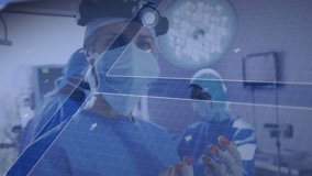 Female surgeon raising hand in OR with AR interface appearing and selecting procedural map info. Holography, healthcare, technology, innovation, collaboration, sterile, precision - Powered by Shutterstock - Get 15% off with code: PIKWIZARD15