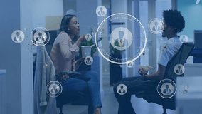 Business colleagues eating lunch initiating network graphics illustrating social data connections. Collaboration, workplace, communication, technology, networking, modern, casual - Powered by Shutterstock - Get 15% off with code: PIKWIZARD15