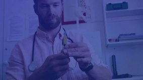 Glowing bars initiating medical hologram, male doctor rotating vial and capturing cellular data. Diagnostics, futuristic, medicaltechnology, healthcare, visualization, innovation, laboratory - Powered by Shutterstock - Get 15% off with code: PIKWIZARD15