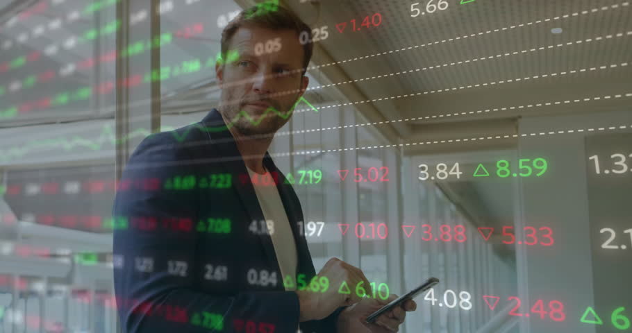 Mature male investor by glass railing, tapping smartphone and analyzing live stock overlay. Financial, technology, corporate, business, analysis, digital, modern