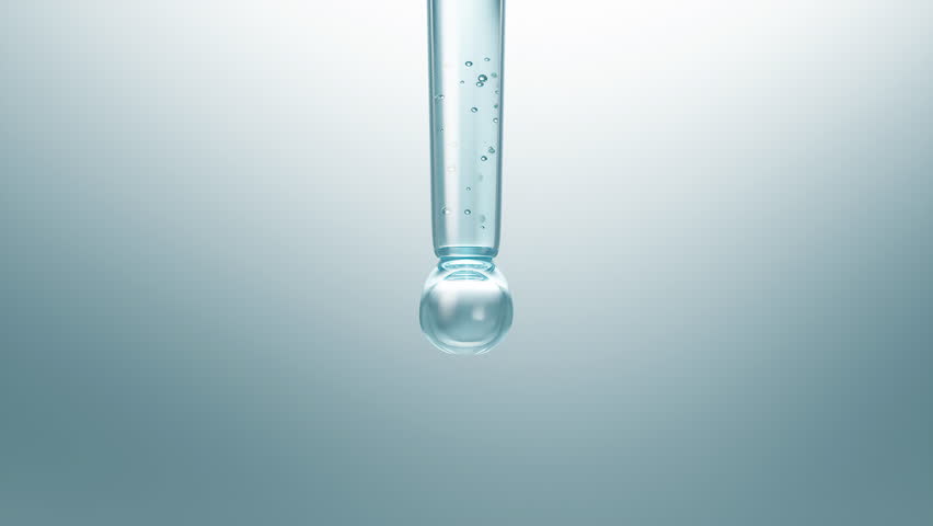 Liquid serum or cosmetic oil is dripping and has molecules inside 3d animation.