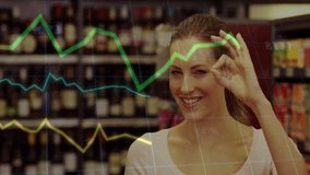 Woman calling smartphone in supermarket aisle projecting AR sales graphs monitoring stock trends. Futuristic, digital, technology, commerce, interface, innovation, data - Powered by Shutterstock - Get 15% off with code: PIKWIZARD15