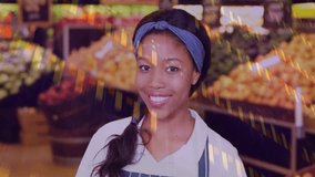 Produce clerk counting inventory in produce section, visualizing data insights via animated charts. Retail, analytics, professionalism, fresh produce, enterprise, data visualization, teamwork - Powered by Shutterstock - Get 15% off with code: PIKWIZARD15