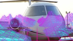 Starting neon wireframe mountains, camera dollying, jet nose emerging, glinting under sunrise. Futuristic, digital landscape, abstract, technology, innovation, sleek, synthetic - Powered by Shutterstock - Get 15% off with code: PIKWIZARD15