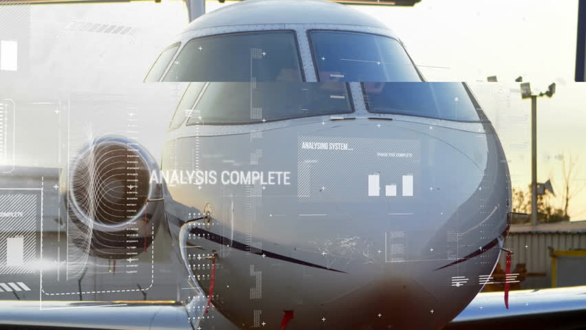 When sunrise glow hitting jet nose, overlay fading then scanning aligning contours for system check. Luxury, technology, aviation, diagnostics, innovation, precision, modern