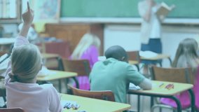 Girl raising hand asking teacher help while digital globes and data visuals emerging around class. Education, classroom, technology, collaboration, learning, innovation, school - Powered by Shutterstock - Get 15% off with code: PIKWIZARD15