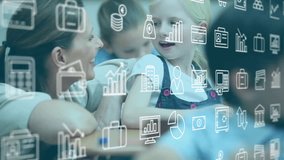 Instructor pointing at wristwatch beside student and guiding finance drawing with drifting icons. Education, mentorship, classroom, digital learning, financial literacy, teaching, children - Powered by Shutterstock - Get 15% off with code: PIKWIZARD15