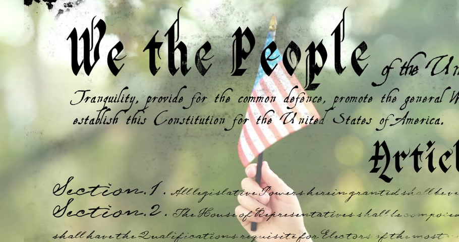 Boy raising American flag causing animated Constitution text shifting upward during history class. Patriotism, youth, celebration, symbolism, civic, outdoor, educational
