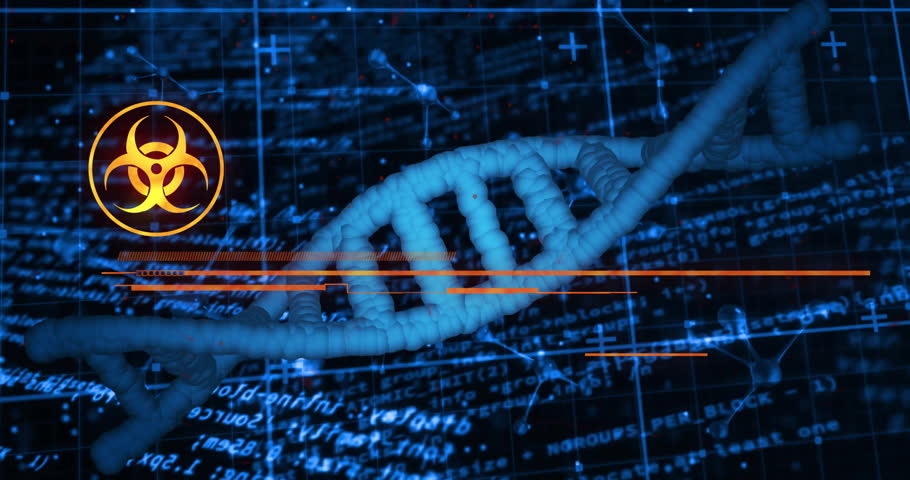 Emerging rotating helix glitching text morphing to biohazard emergency immediate action required. Cybersecurity, digital, futuristic, laboratory, alert, technology, innovation