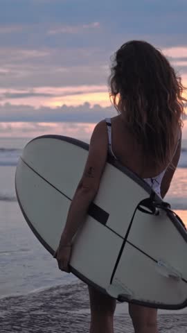Woman Surfer With Surf Board At Summer Sea Nature Or Ocean Water On Background. Young Female Person Going To Coast Beach With Surfboard. Cute Adult Girl Moving On In Tranquility Of Wet Sandy Shoreline