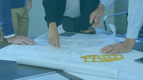 Business professionals unfolding blueprint as digital lock icon fading in emphasizing cybersecurity. Collaboration, innovation, technology, teamwork, planning, security, modern - Powered by Shutterstock - Get 15% off with code: PIKWIZARD15